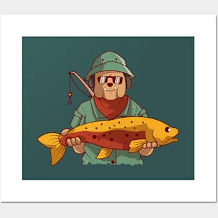 Fishing Dog got a huge fish, Vintage Retro Style Posters and Art